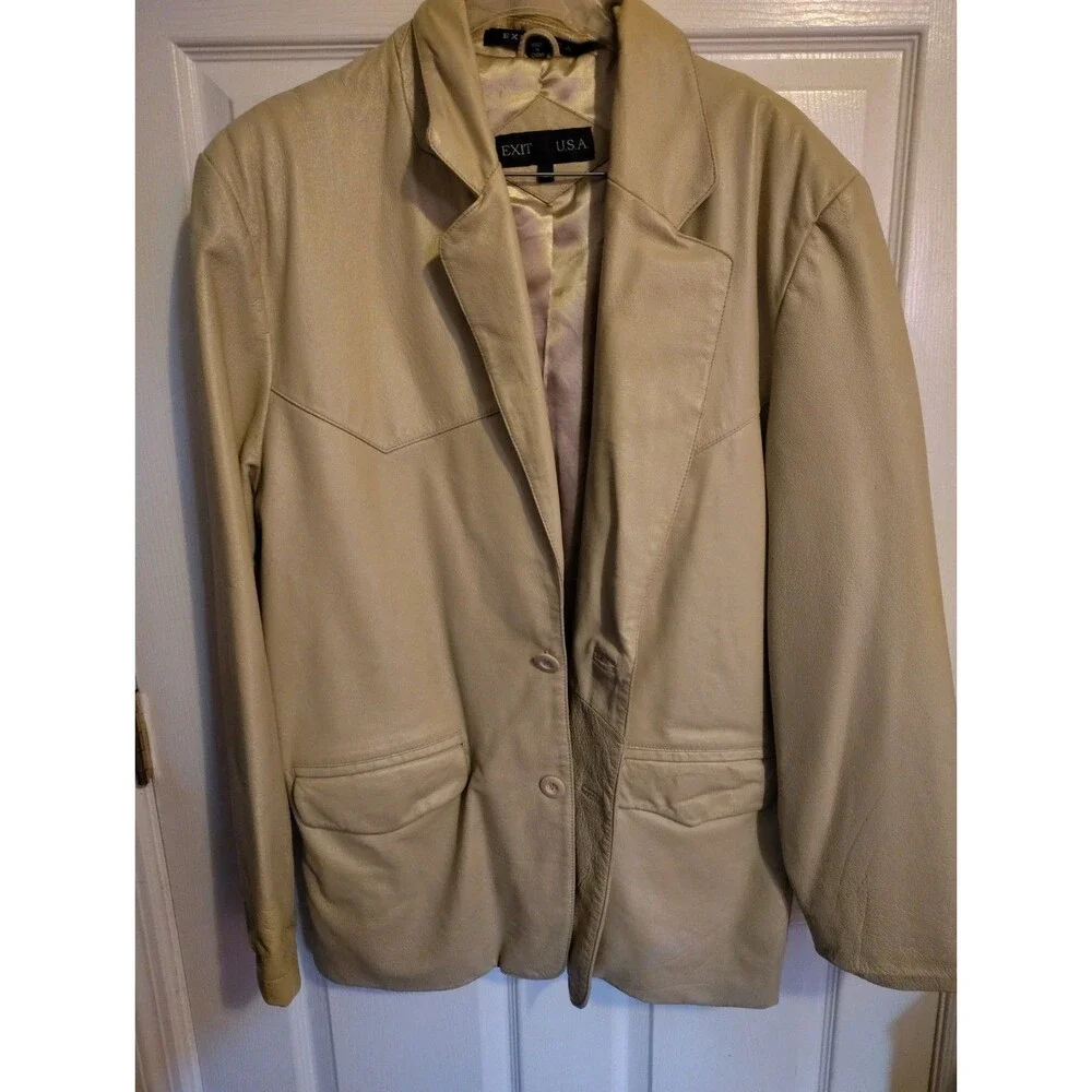 Vintage EXIT U.S.A. Mens Beige Leather Blazer Jacket, Solid, Size L